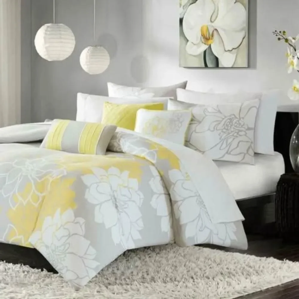 6 Pieces Queen Duvet Cover Set Yellow Floral Gray Madison Park New